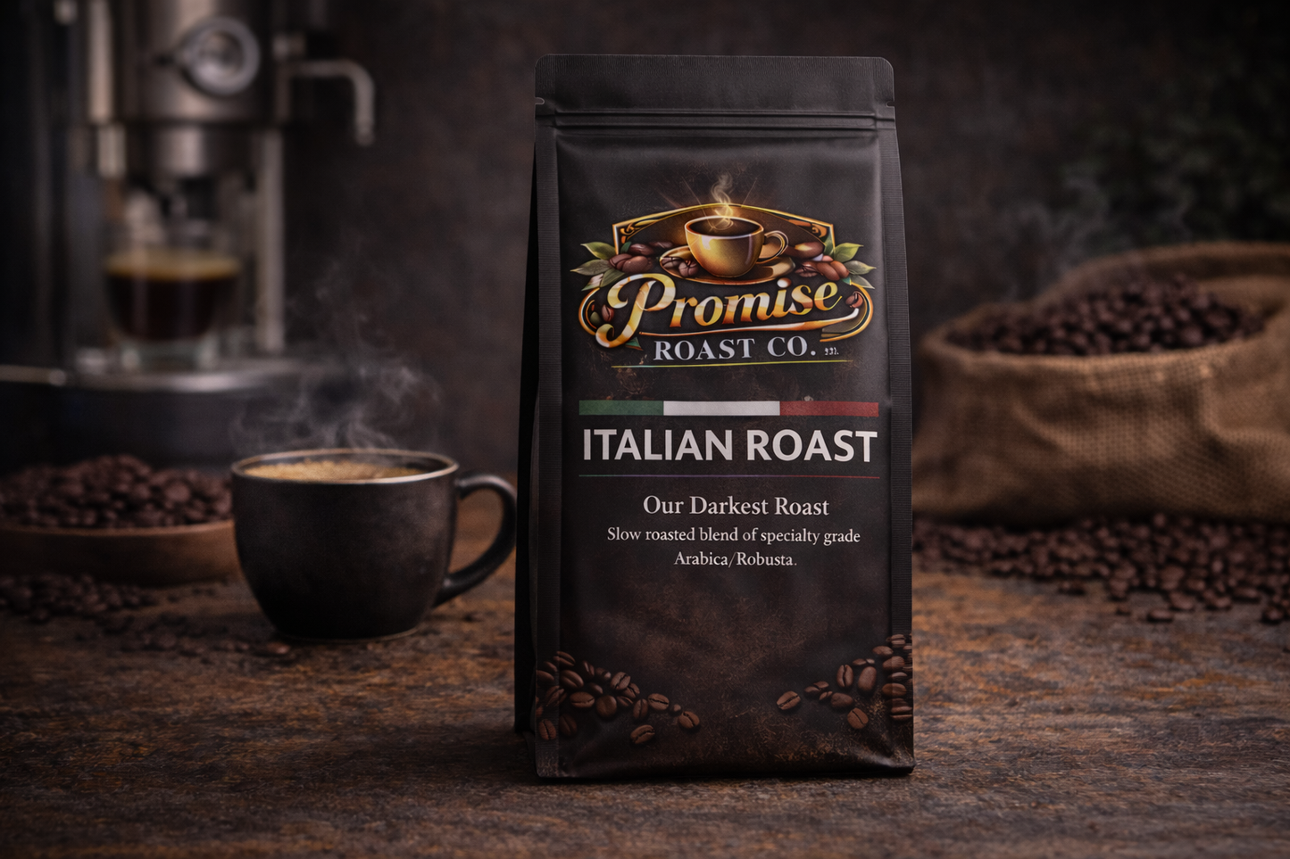 Coffee bag labeled 'Promise Roast Co. Italian Roast' with a cup of coffee and coffee beans in the background.
