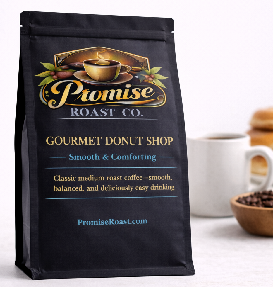 Black coffee bag from Promise Roast Co. with branding and product details on a white background.