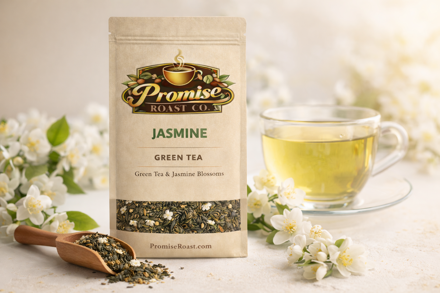 Tea package with jasmine green tea and a cup of tea on a light background