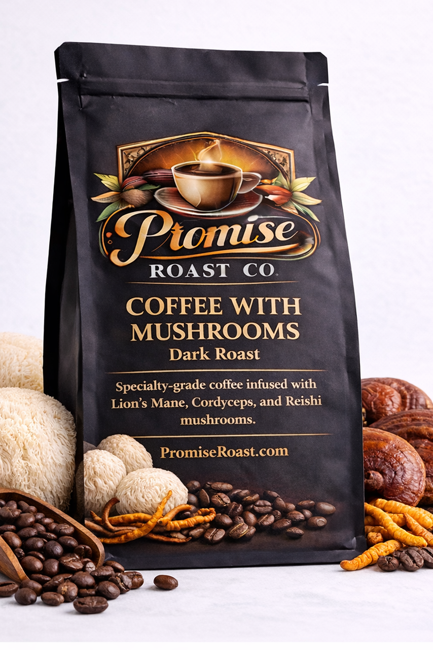 Black coffee bag with 'Promise Roast Co' branding and text about mushroom-infused coffee on a white background.
