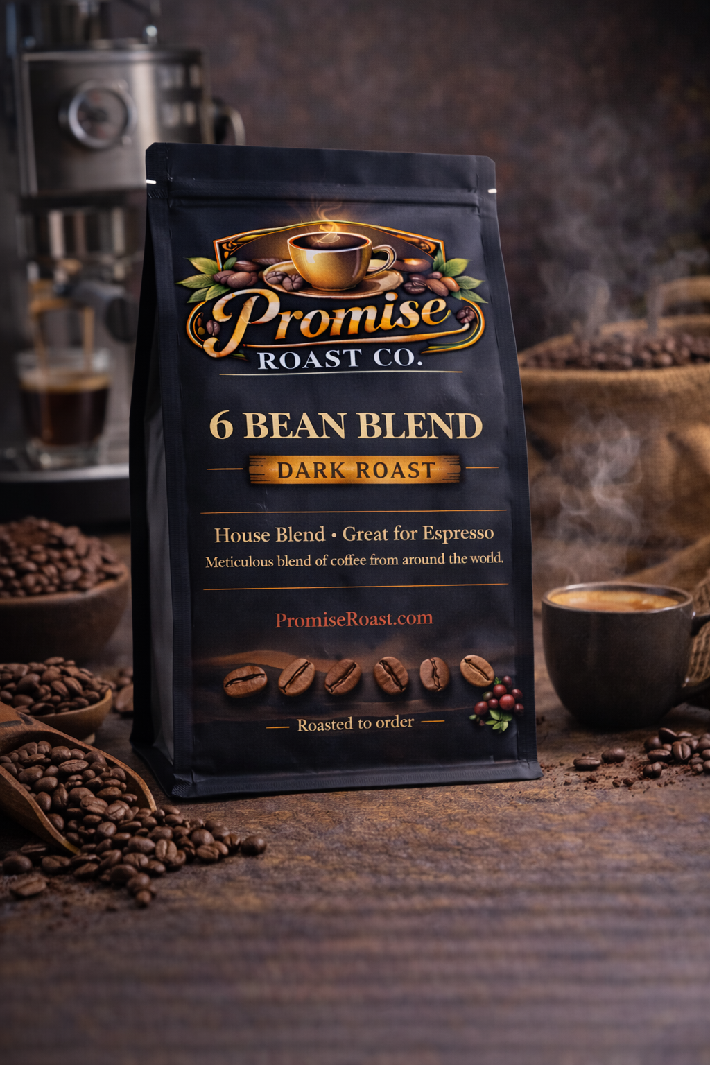Coffee bag from Promise Roast Co. with coffee beans and a cup in the background
