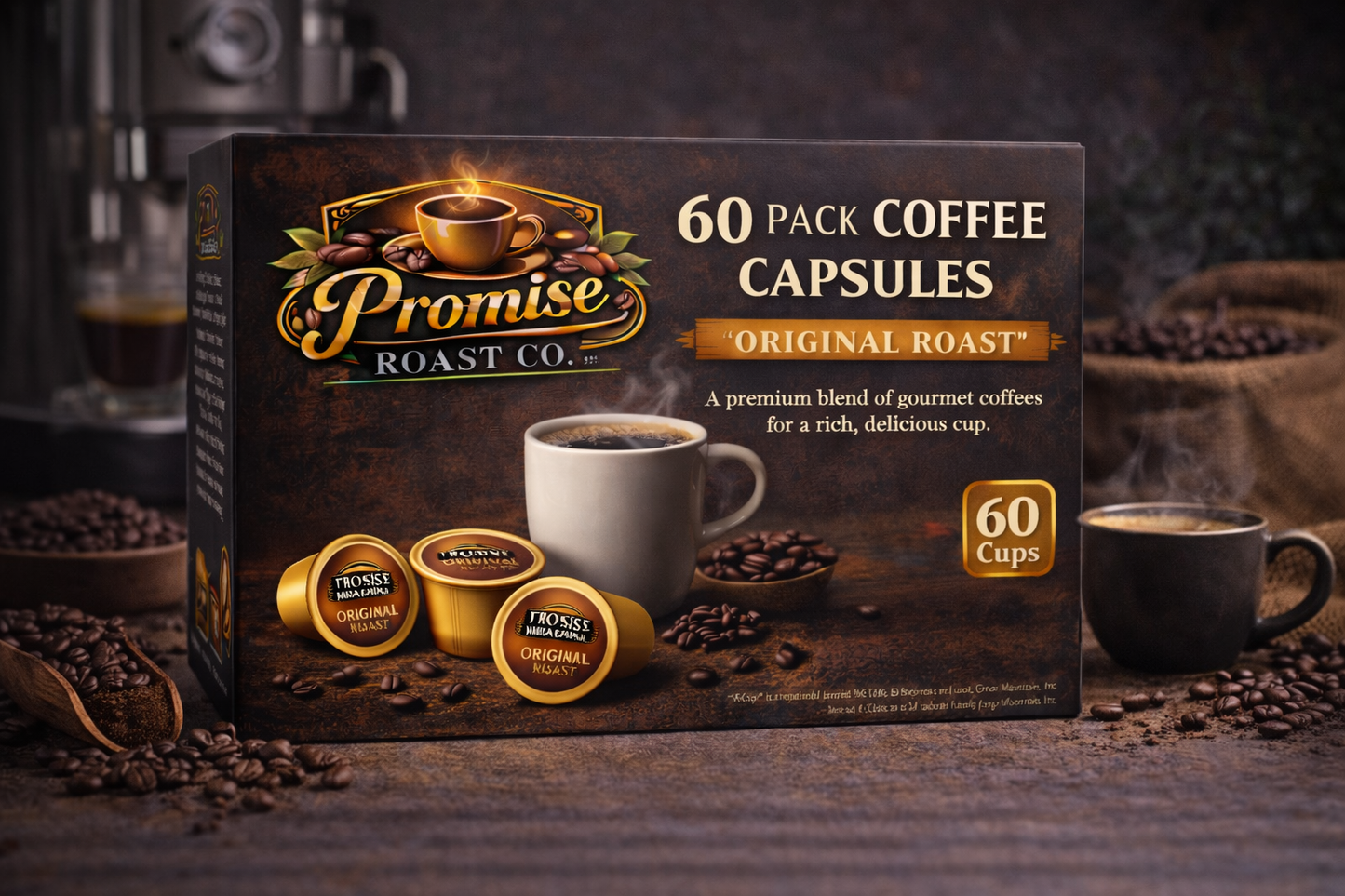 Box of Promise Roast Co. coffee capsules with coffee beans and a cup in the background