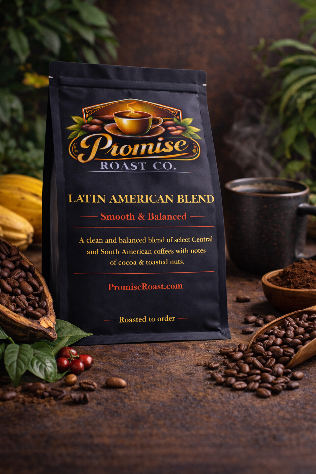 Coffee bag from Promise Roast Co. with coffee beans and a cup in the background