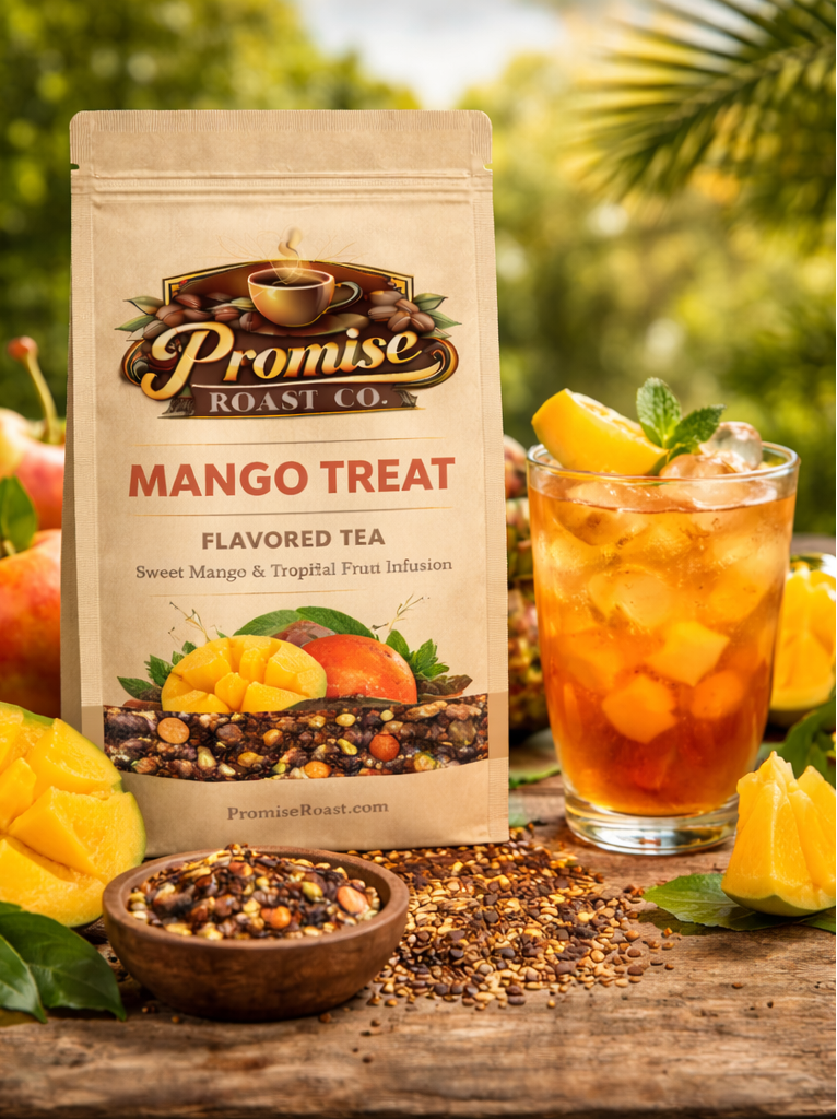 Two packages of Promise Roast Co. Mango Treat flavored tea with a glass of iced tea and mangoes on a wooden surface.