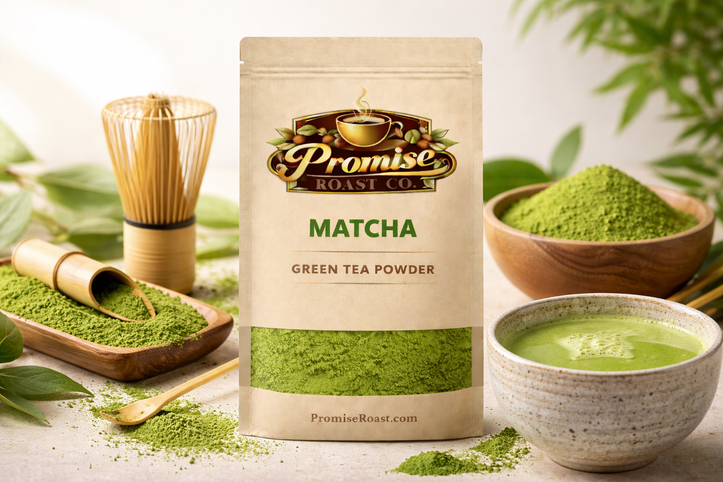 Bag of Promise Roast Co. Matcha green tea powder with a bowl of matcha and tea-making tools.