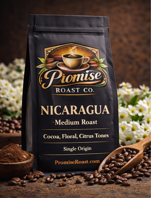 Coffee bag from Promise Roast Co. with coffee beans and flowers in the background