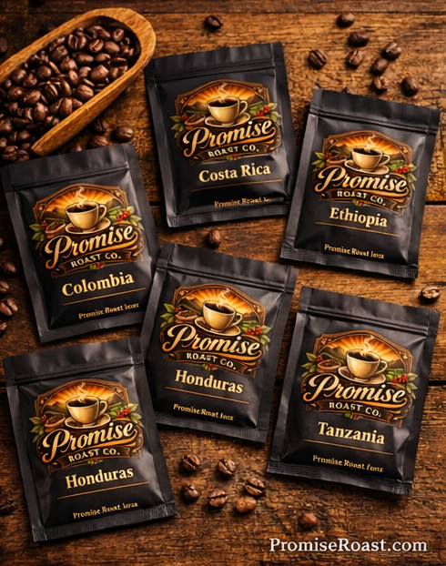 Assorted coffee packages from Promise Roast Co. on a wooden surface with coffee beans.