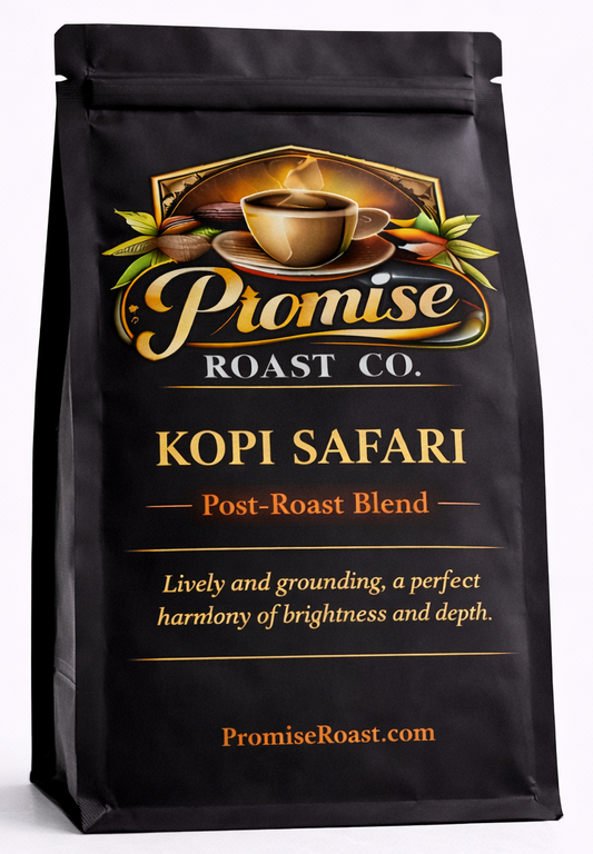 Black coffee bag with 'Promise Roast Co.' branding on a white background