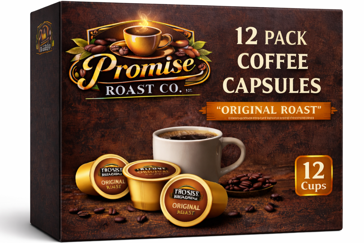 Box of Promise Roast Co. coffee capsules on a white background