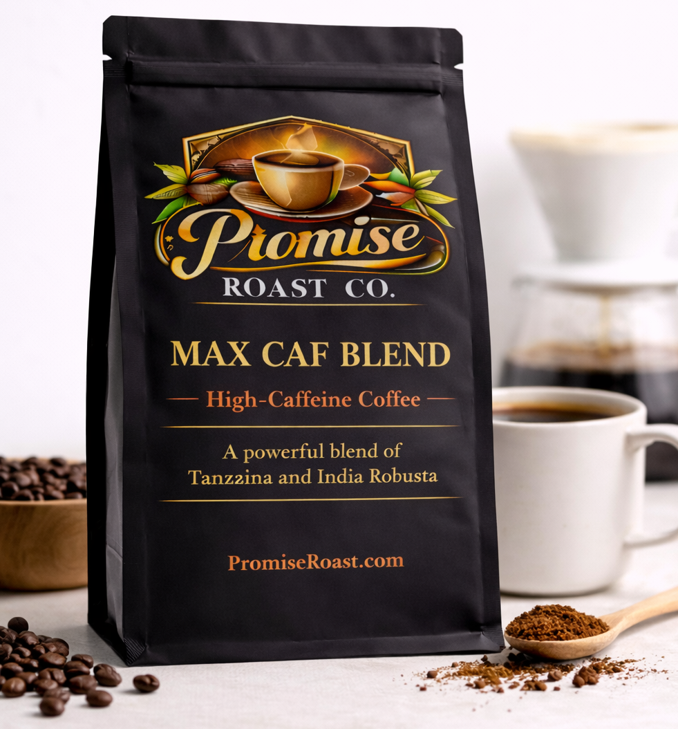 Coffee bag labeled 'Promise Roast Co. Max Caf Blend' with coffee beans and a cup in the background.