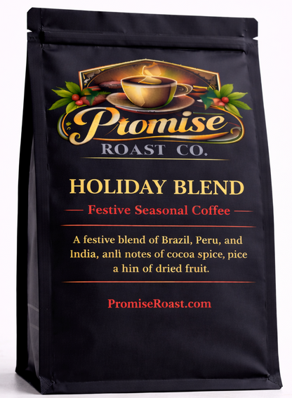 Black coffee bag with 'Promise Roast Co.' branding on a white background