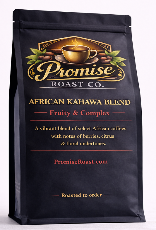 Black coffee bag with 'Promise Roast Co.' branding on a white background