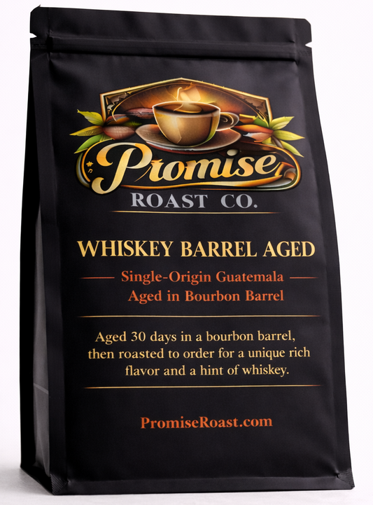 Coffee bag from Promise Roast Co. with whiskey barrel aged coffee description on a white background