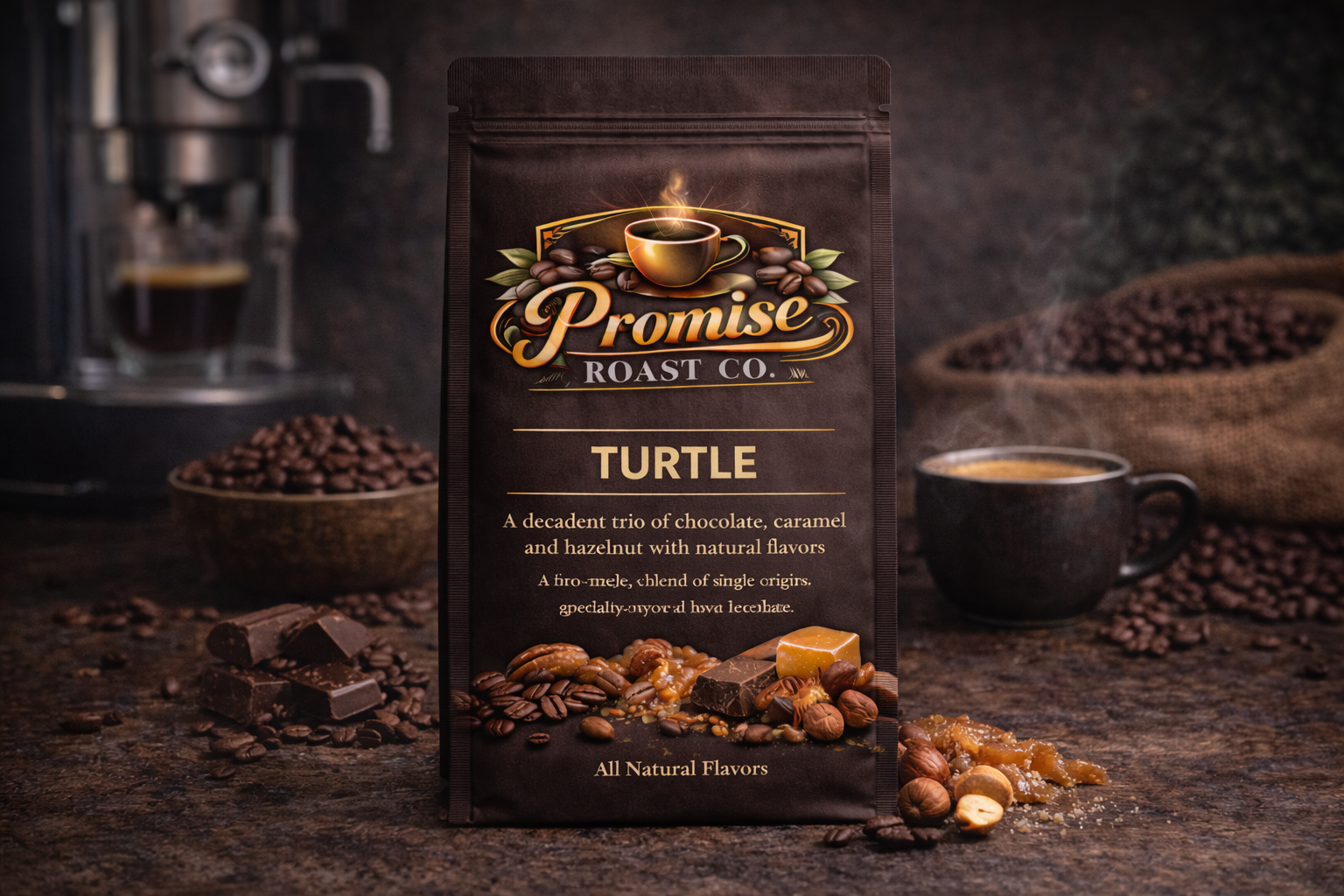 Promise Roast Co. Turtle coffee package with coffee beans and a coffee machine in the background