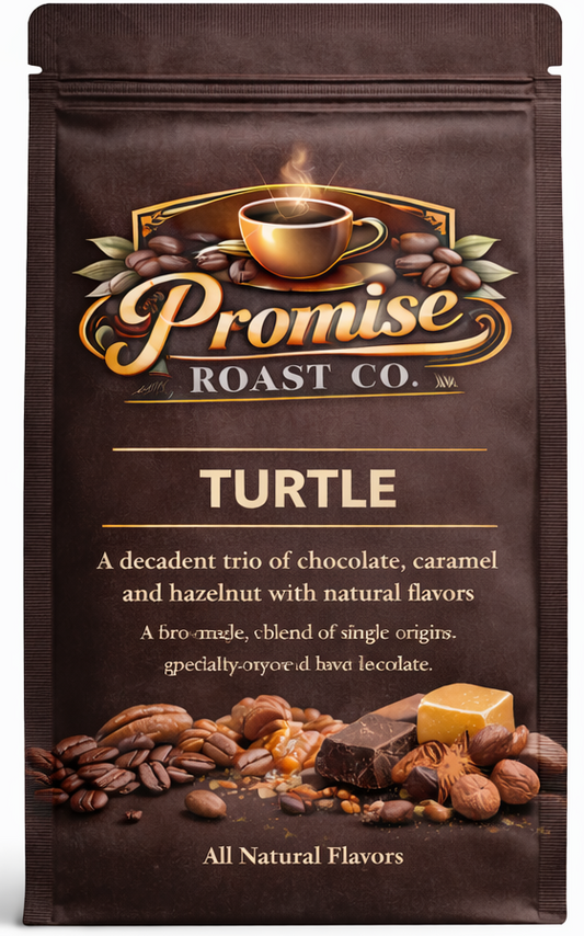 Coffee package from Promise Roast Co. with turtle flavor description