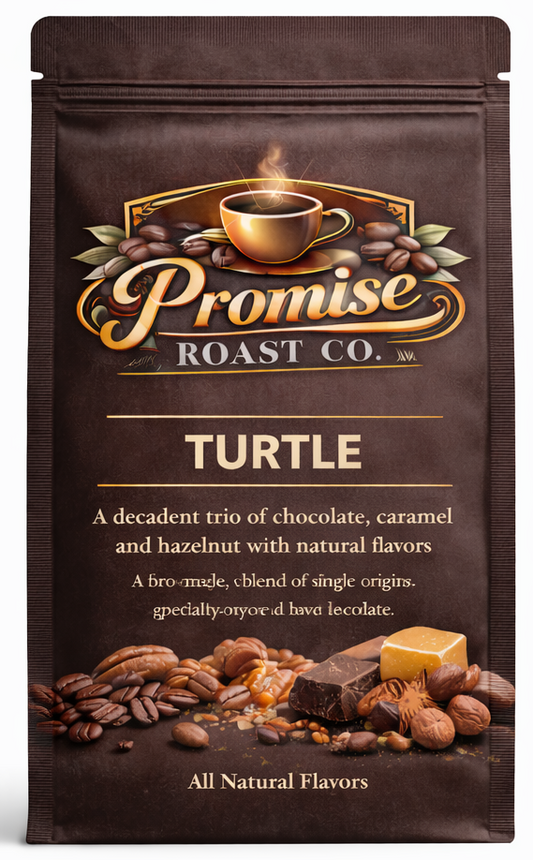 Coffee package from Promise Roast Co. with turtle flavor description