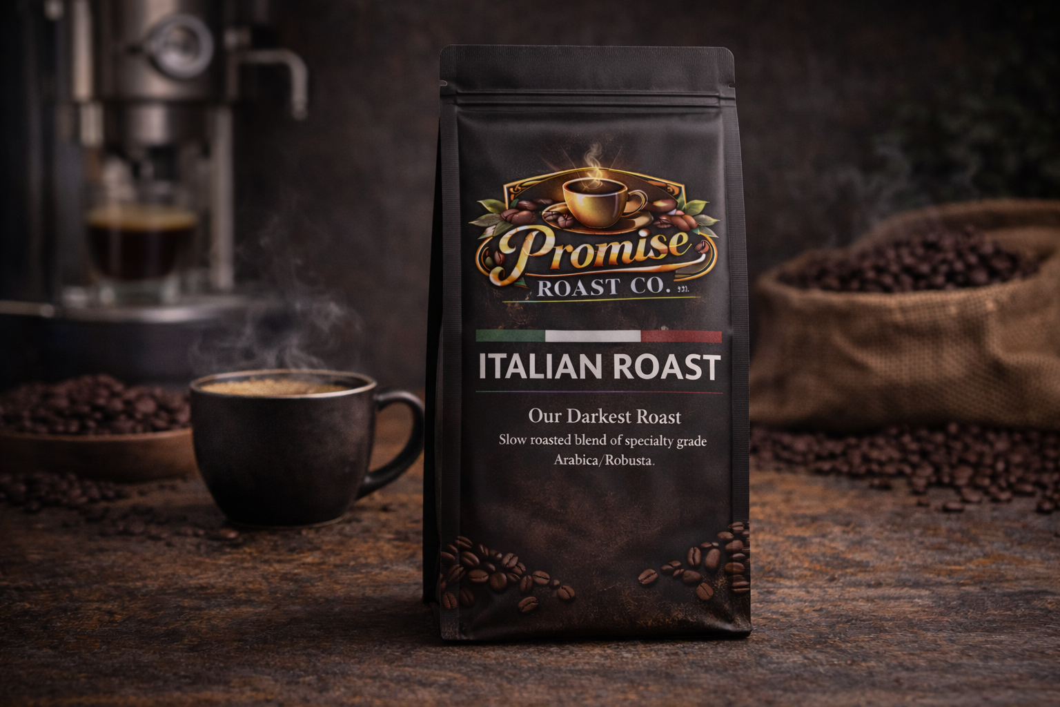 Coffee bag labeled 'Promise Roast Co. Italian Roast' with a cup of coffee and coffee beans in the background.