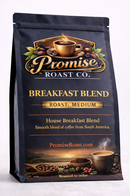 Coffee bag from Promise Roast Co. with branding and product details on a white background