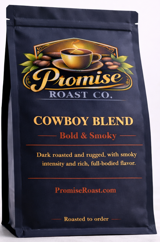 Coffee bag from Promise Roast Co. with 'Cowboy Blend' label on a white background