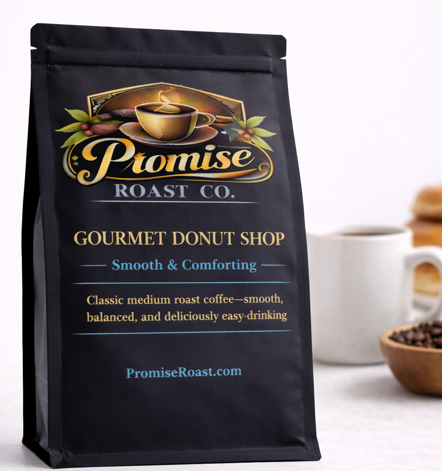 Black coffee bag from Promise Roast Co. with branding and product details on a white background.