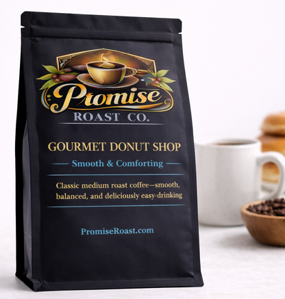 Black coffee bag from Promise Roast Co. with branding and product details on a white background.