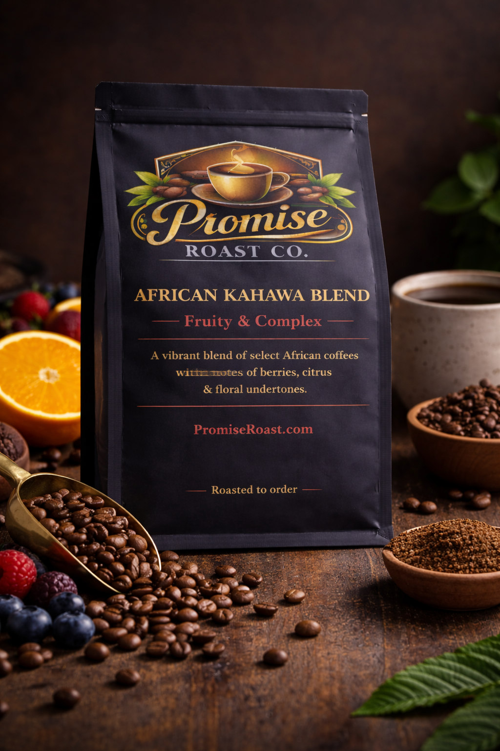 Promise Roast Co. African Kahawa Blend coffee bag on a wooden surface with coffee beans and fruits.