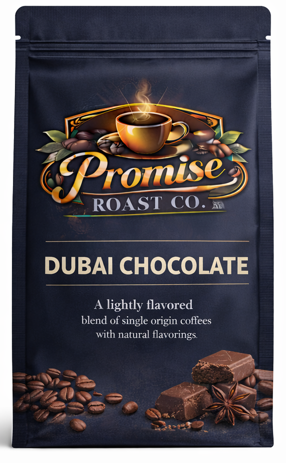 Coffee package from Promise Roast Co. with 'Dubai Chocolate' flavor on a white background