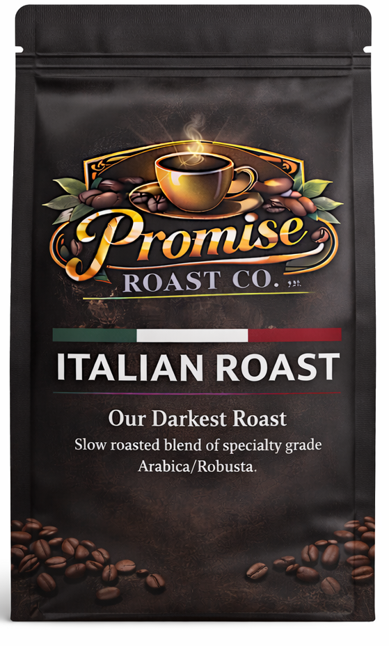 Coffee bag labeled 'Promise Roast Co. Italian Roast' with coffee beans on a white background