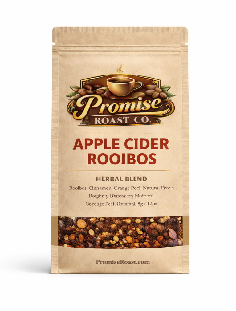 Promise Roast Co. Apple Cider Rooibos tea packaging with a cup of tea and apples in the background.