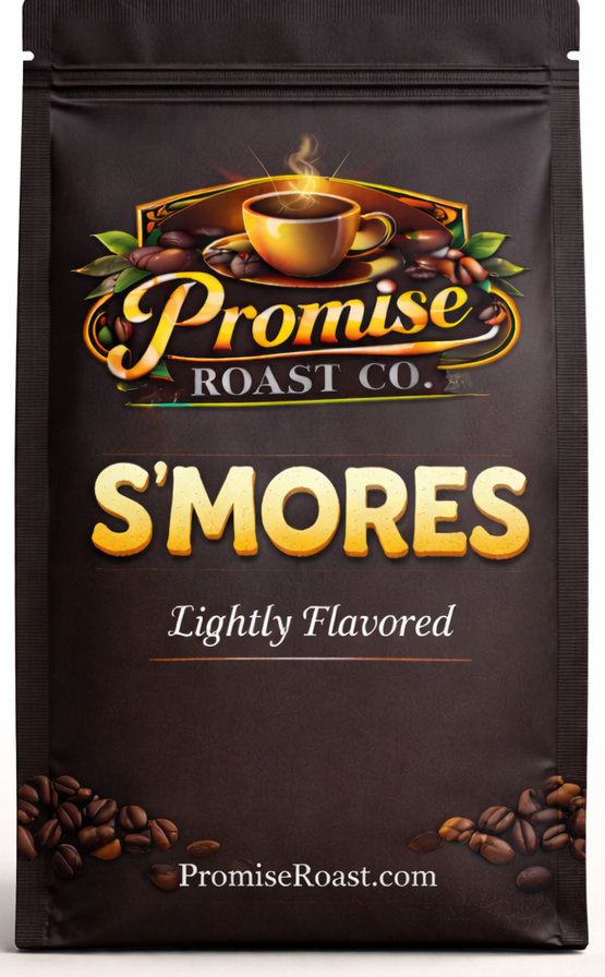 Coffee package from Promise Roast Co. with 'S'mores' flavor on a white background