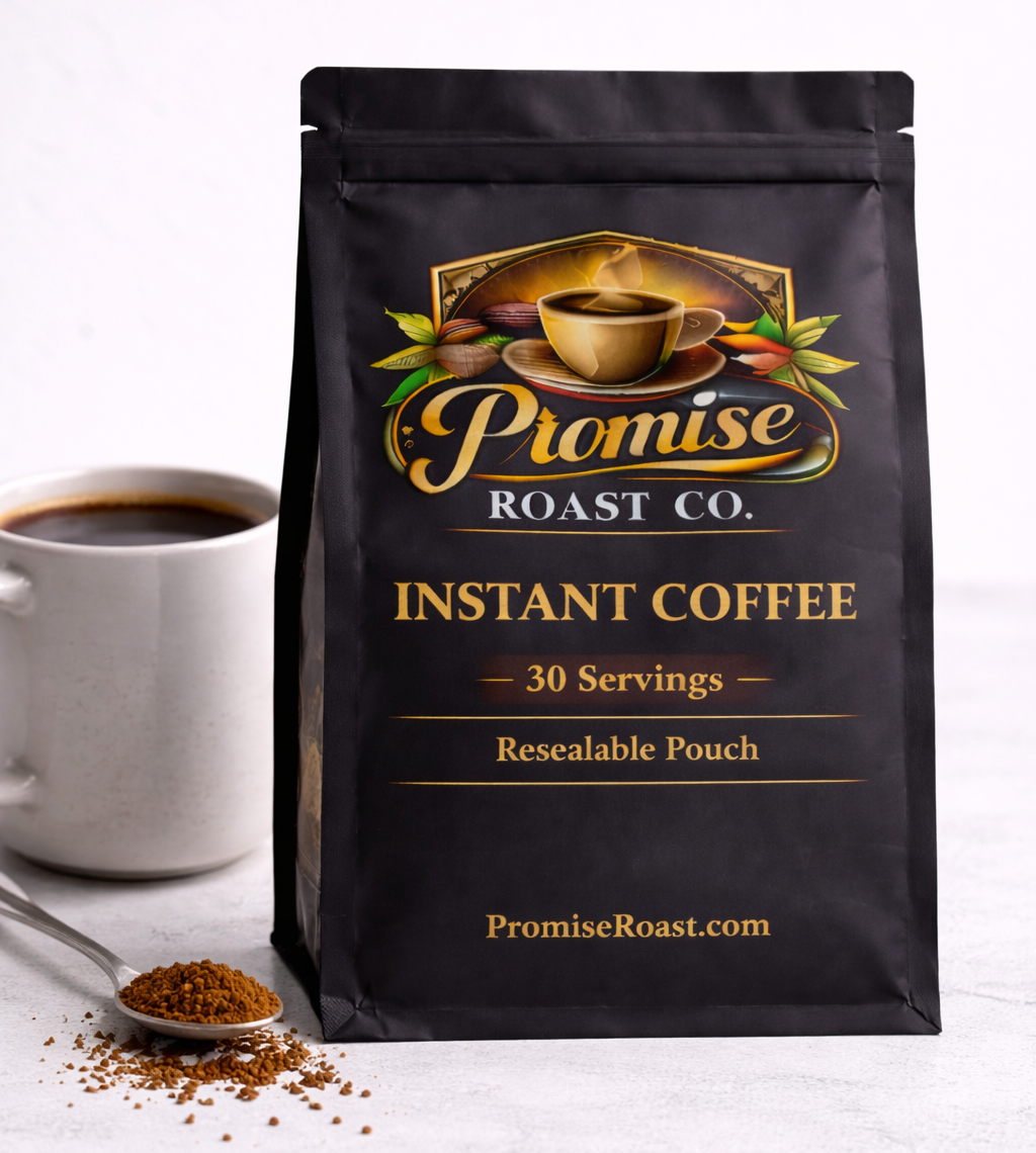 Bag of Promise Roast Co. Instant Coffee with a cup and spoon on a white background