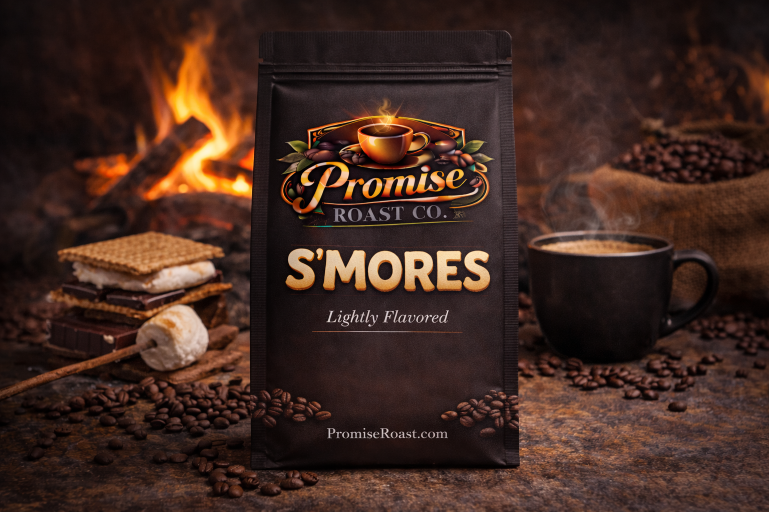 Bag of Promise Roast Co. S'mores flavored coffee with a fire and coffee cup in the background