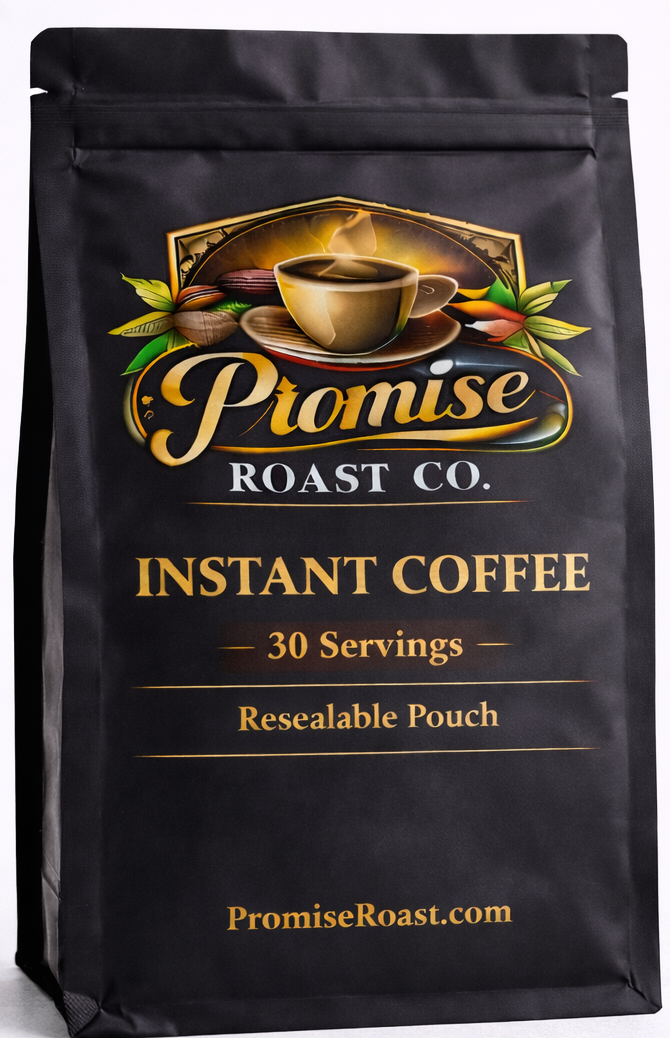 Black package of Promise Roast Co. instant coffee on a white background