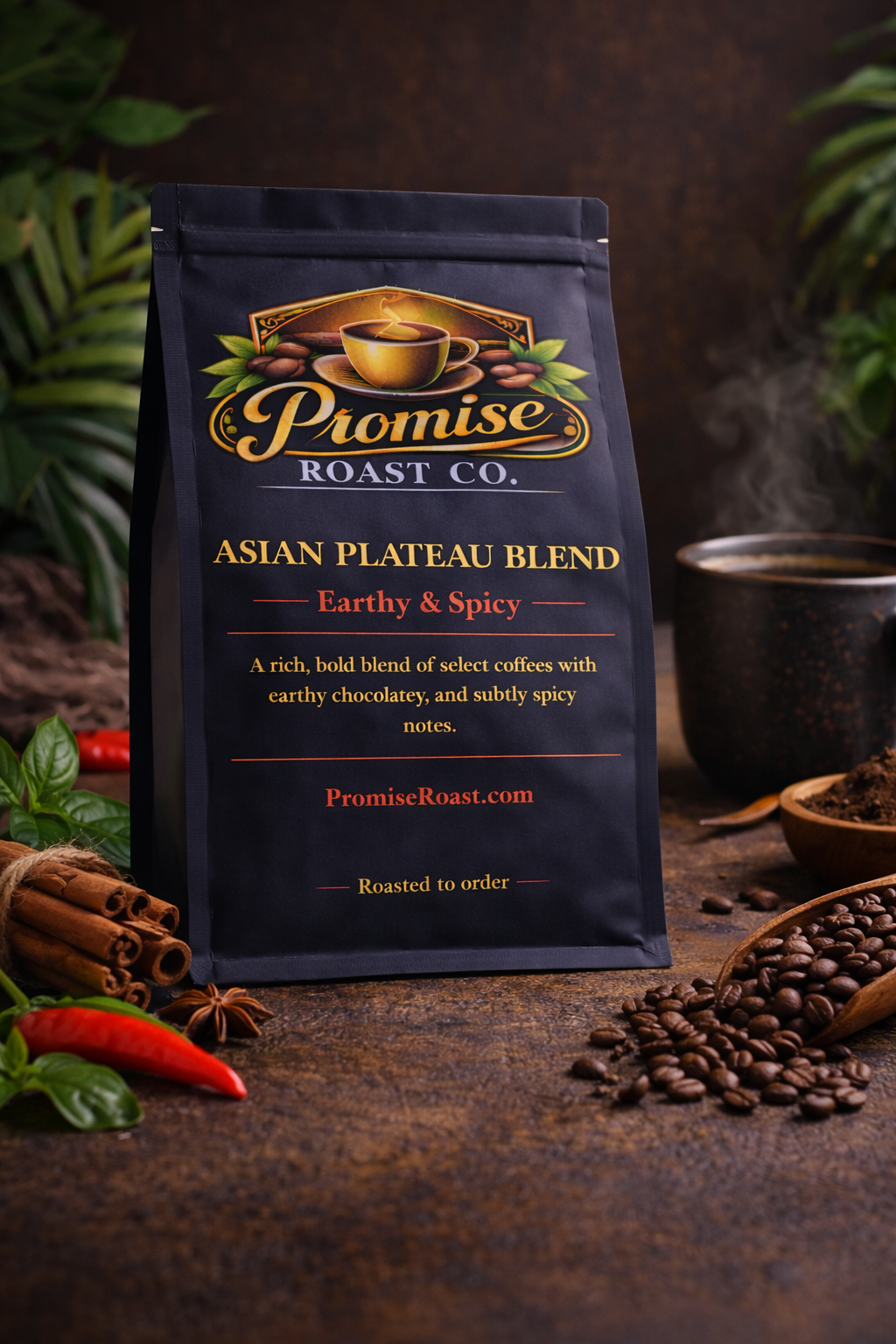 Promise Roast Co. Asian Plateau Blend coffee package on a rustic surface with coffee beans and spices.