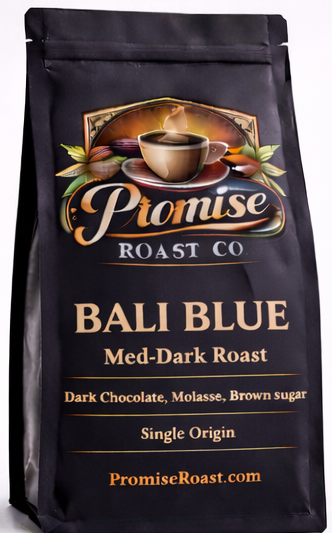 Coffee bag labeled 'Bali Blue' from Promise Roast Co on a white background
