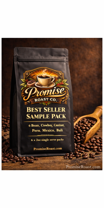 Coffee package from Promise Roast Co. with coffee beans and a wooden scoop on a dark background