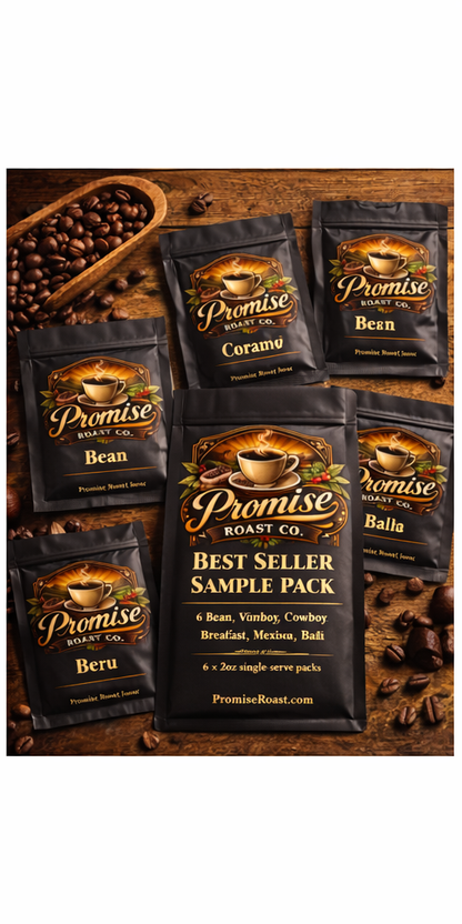 Promise Roast Co. coffee sample pack on a wooden background with coffee beans.