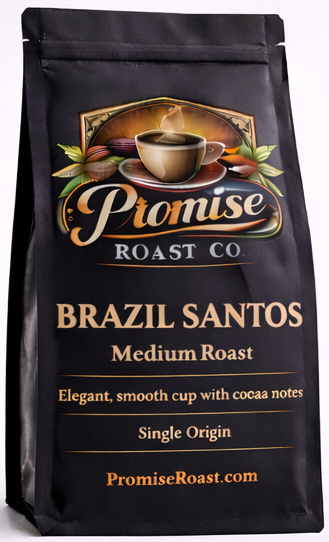 Coffee bag from Promise Roast Co. with 'Brazil Santos' on a white background