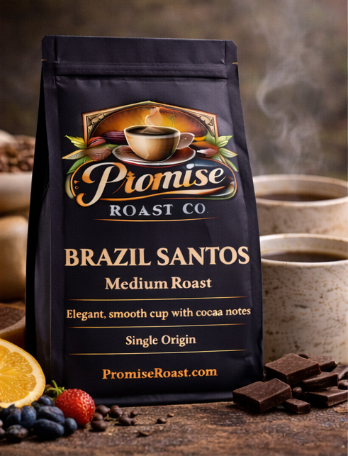 Coffee bag from Promise Roast Co with coffee beans, fruits, and chocolate on a wooden surface.