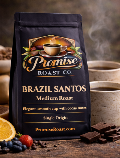 Coffee bag from Promise Roast Co with coffee beans, fruits, and chocolate on a wooden surface.