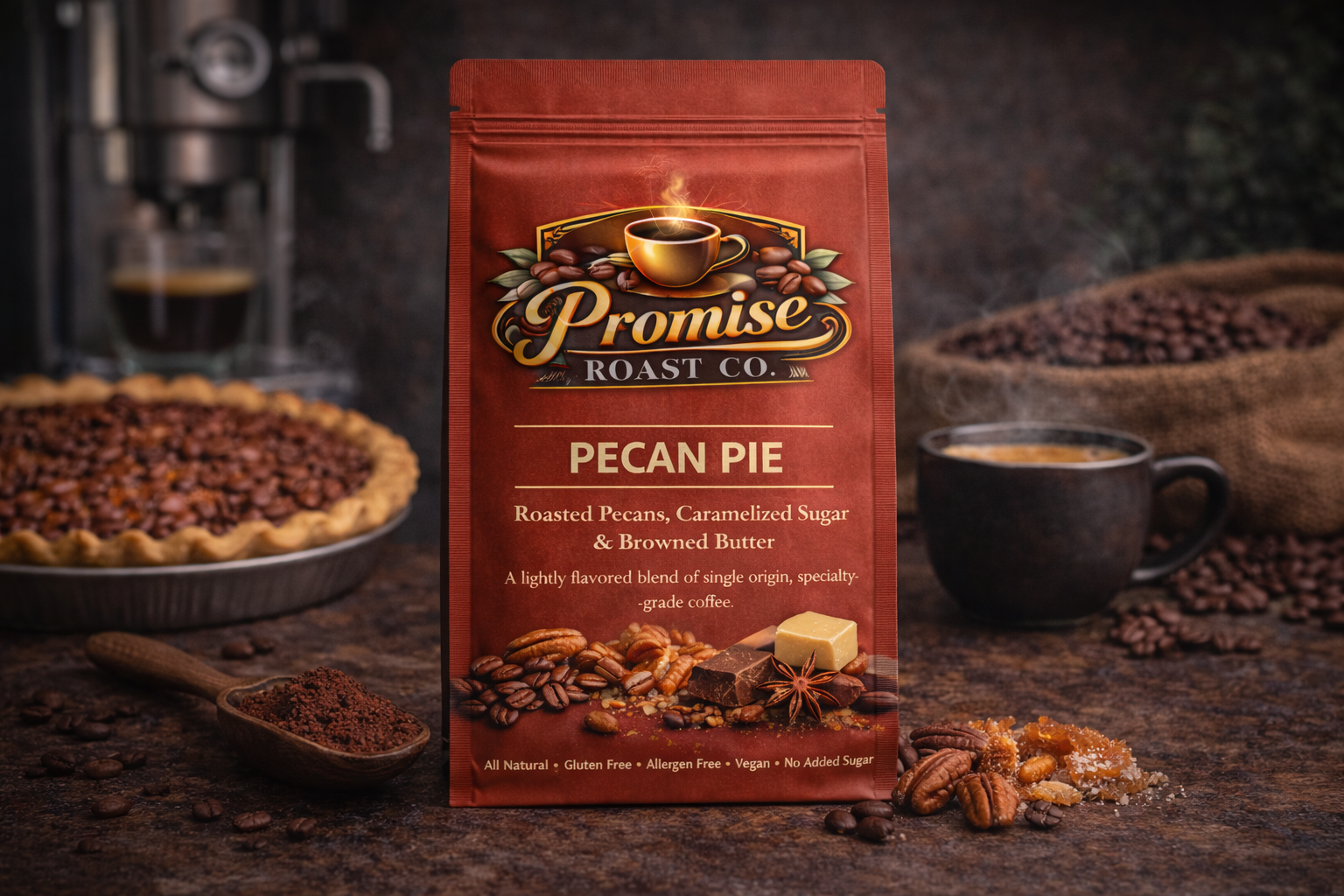 Coffee package labeled 'Promise Roast Co. Pecan Pie' with a pie, coffee beans, and cup in the background.