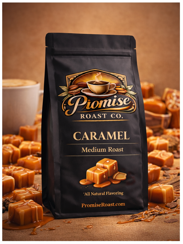 Pionise Roast Co. Caramel Medium Roast coffee bag with caramel candies on a brown background