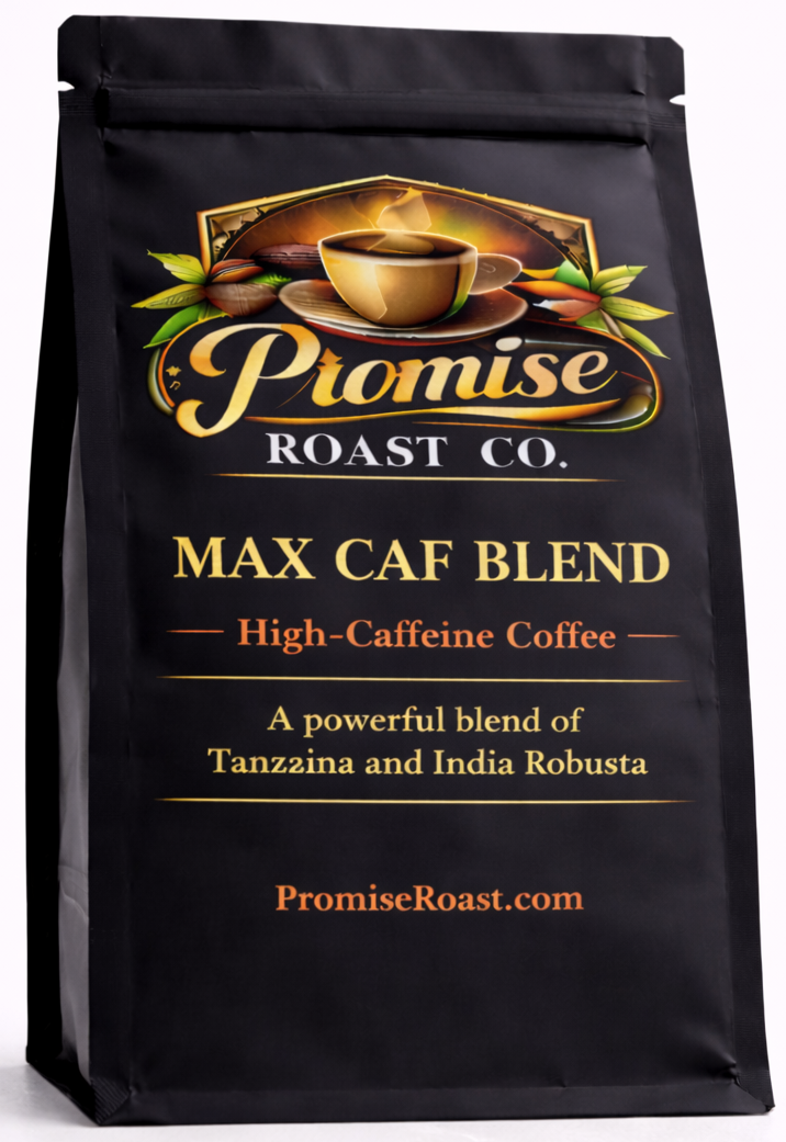 Black coffee bag labeled 'Promise Roast Co. Max Caf Blend' on a white background
