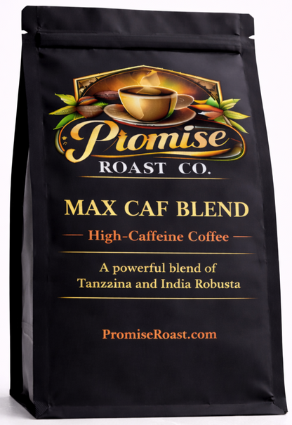 Black coffee bag labeled 'Promise Roast Co. Max Caf Blend' on a white background