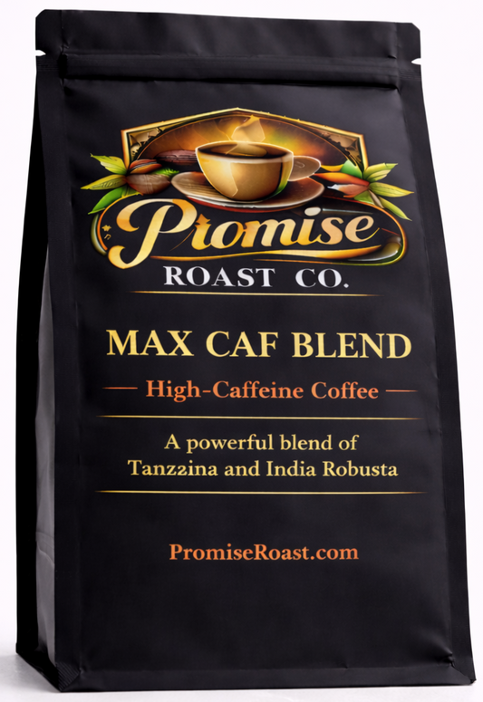 Black coffee bag labeled 'Promise Roast Co. Max Caf Blend' on a white background