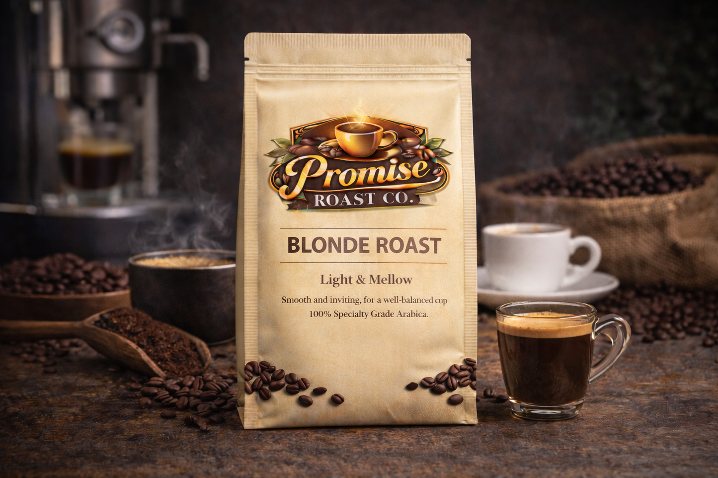 Coffee bag from Promise Roast Co. with coffee beans, a cup of coffee, and a coffee machine in the background.