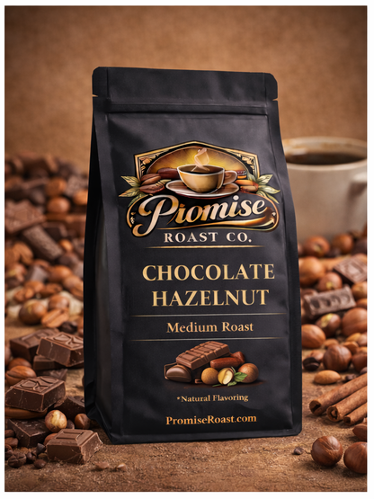 Piomise Roast Co. Chocolate Hazelnut coffee bag with coffee beans and chocolate pieces on a brown background