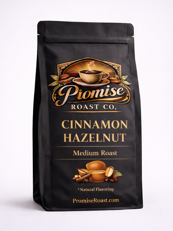 Piomise Roast Co. Cinnamon Hazelnut coffee bag on a white background