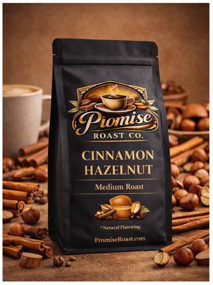 Pionise Roast Co. Cinnamon Hazelnut coffee bag with cinnamon sticks and hazelnuts on a wooden surface.