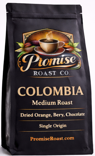 Coffee bag from Promise Roast Co. with 'Colombia' and 'Medium Roast' text on a white background